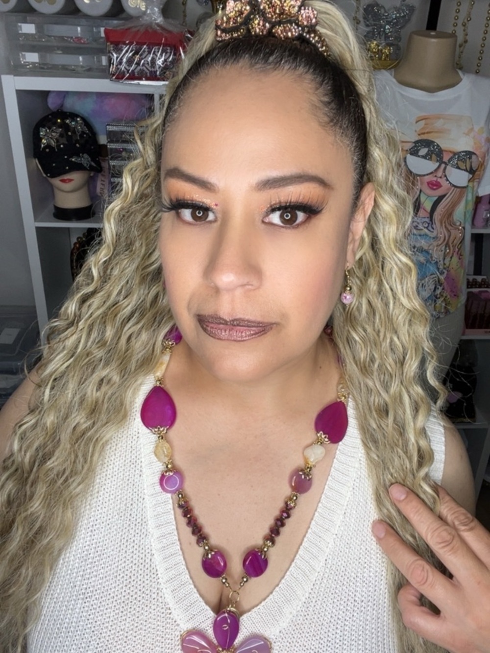 Statement Pink Gem Drop Necklace and Earrings Set